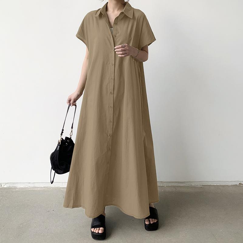 ZANZEA Women Casual Turn Down Collar Loose Short Sleeve Long Dress