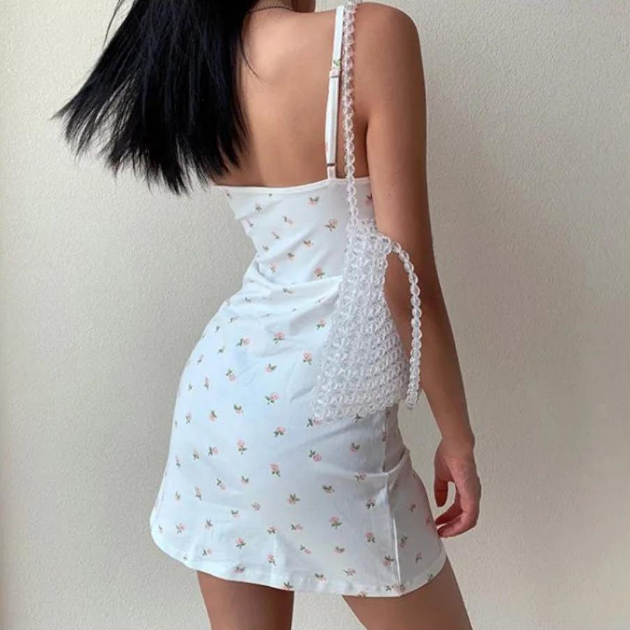 LYRIA Y2K Vintage Floral Cross Cami Dress Women Slim Sleeveless V-Neck Summer Sexy Cute Backless Patry Black Mini Korean Dresses