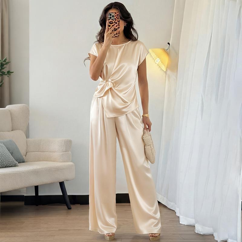

Women s 2 Piece Outfits Satin Short Sleeve Top and Wide Leg Pants Set Spring Summer Dressy Party Outfits for Women S