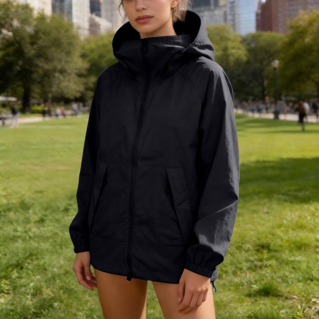Leichte Damen Outdoorjacke Sommer Schnelltrocknend Atmungsaktiv Lockerer Schnitt Mit Kapuze Reißverschluss Lässig Windjacke