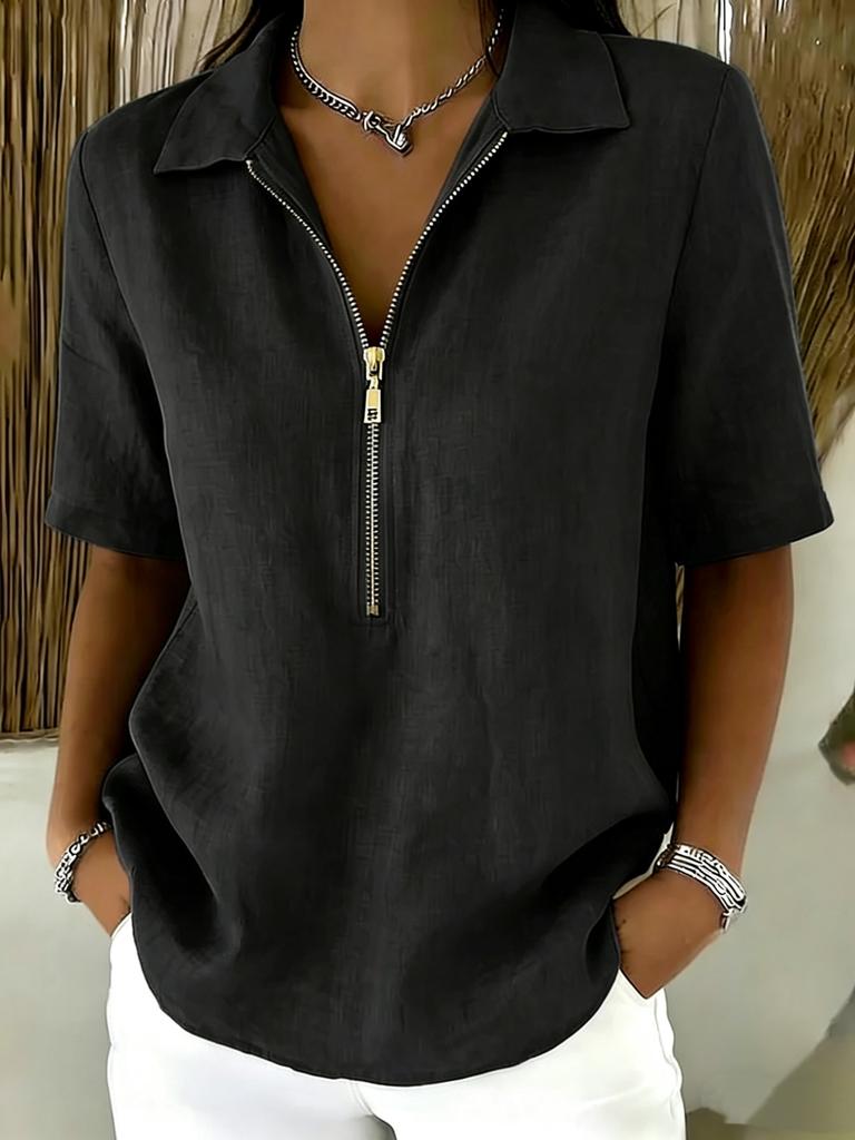 Women Casual Solid Color Lapel Zip Half Sleeve Fashion Blouse