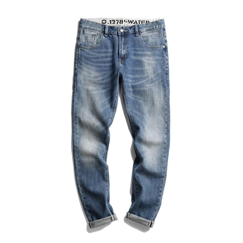 Primăvară New Small Feet Trend Jeans cu talie medie Pantaloni slim pentru bărbați cu elastic