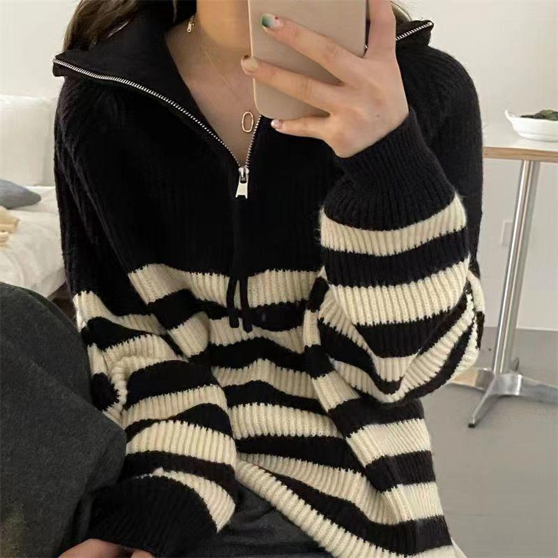 Half High Neck Zipper Stripe Pullover Sweater for Women Top Autumn New Design Feel Loose Knitted Bottom Sweater Pullover Female