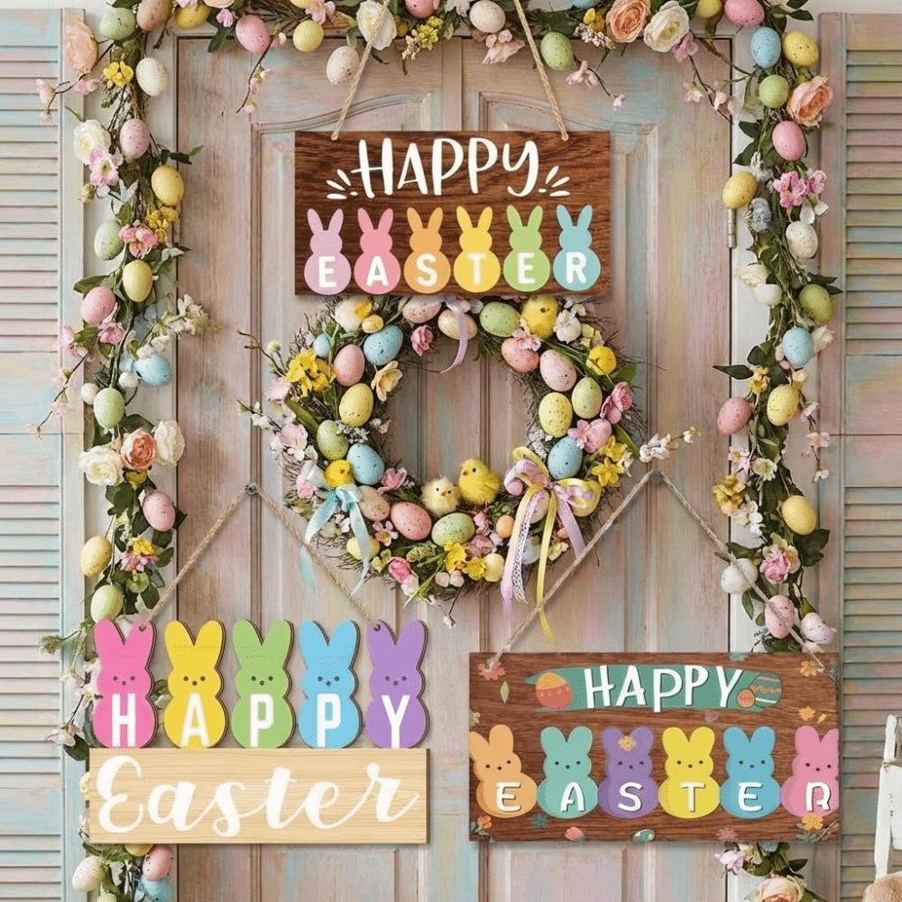 Colorful Rabbit Happy Easter Sign Flowers Pattern Egg Design Wall Decoration Cartoon Style Wooden Material Home Decoration