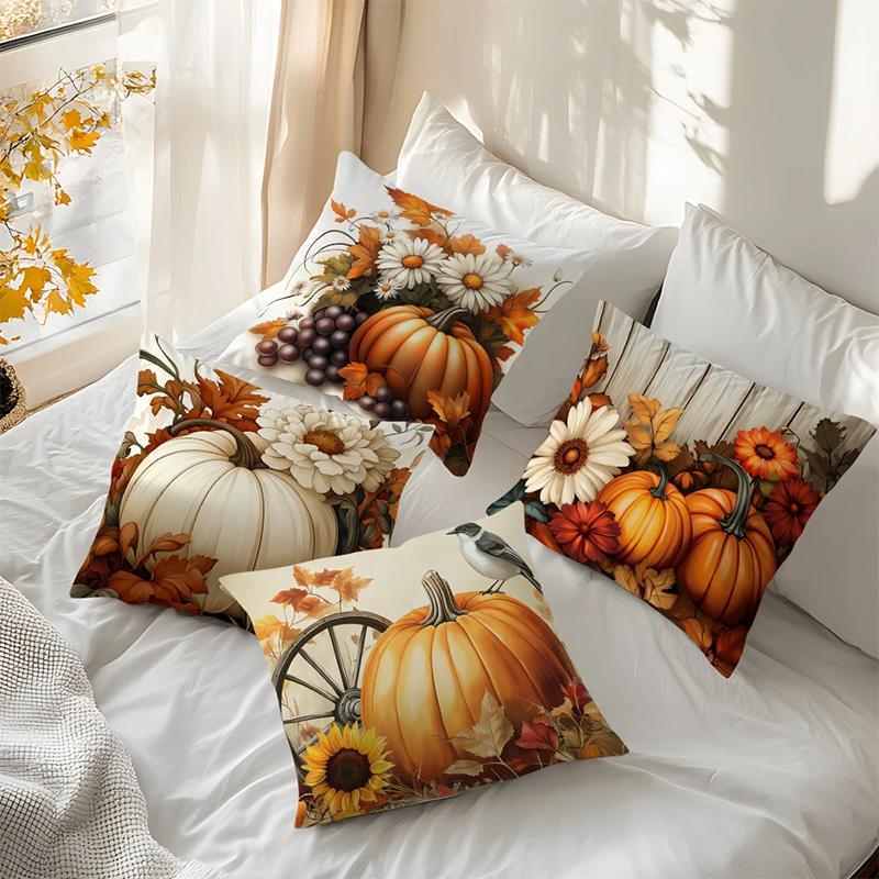 Home Decor Autumn Pumpkins, Flowers & Bird Decorative Pillow Pattern Cushion Cover Suitable for Sofa Bedroom Car Pillow Cover