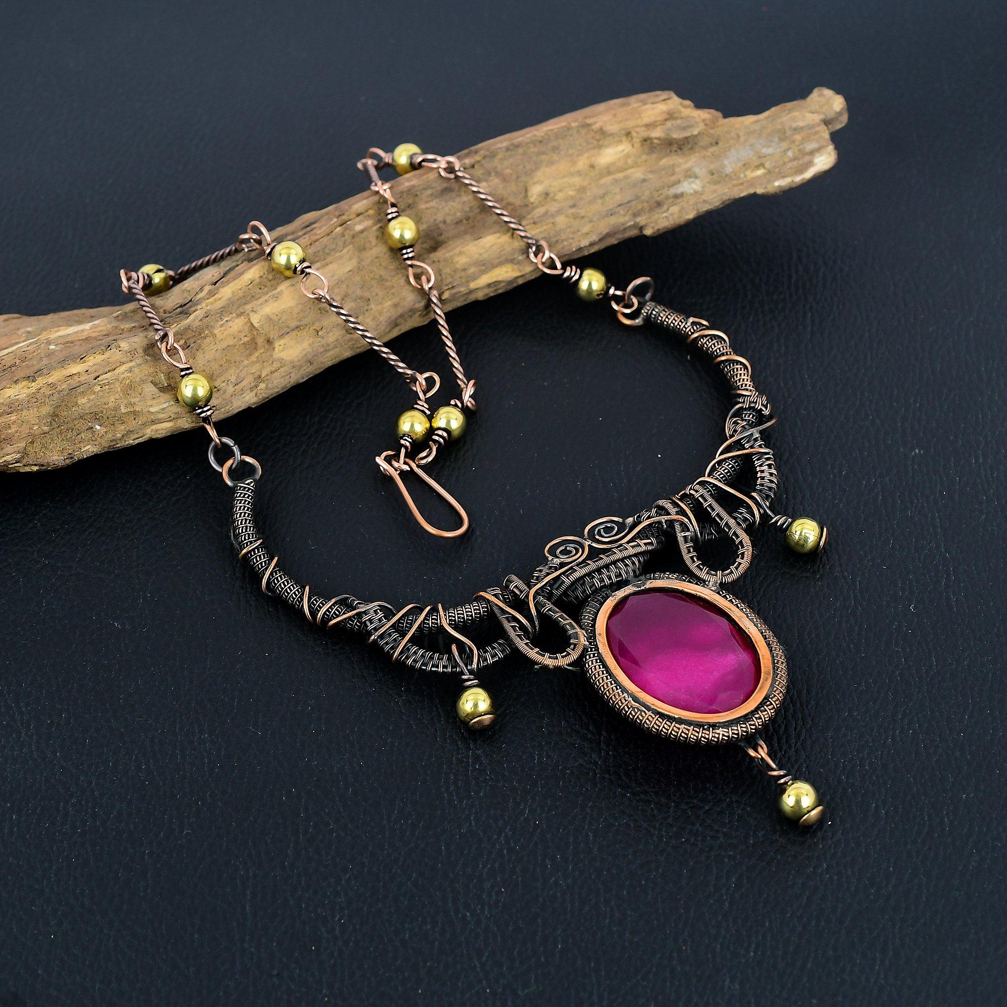 

Рубиновое ожерелье, Ожерелье из драгоценных камней ручной работы, Ожерелье, обернутое медной проволокой 999 пробы, Антикварные украшения