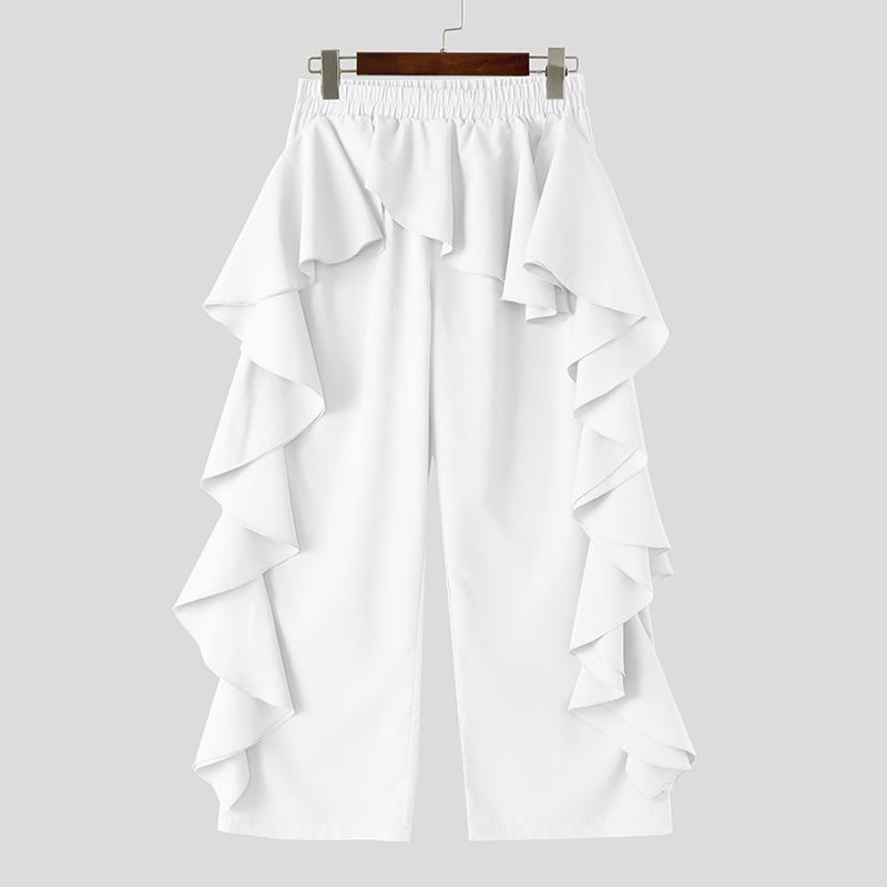 

INCERUN мужские брюки с эластичной талией, однотонные, нерегулярные, длинные брюки с оборками 3XL белый