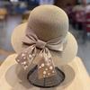 Summer sun protection hat, fashionable and versatile, pearl bow, wide-brimmed straw hat for women, travel bucket hat, sun hat, fisherman hat