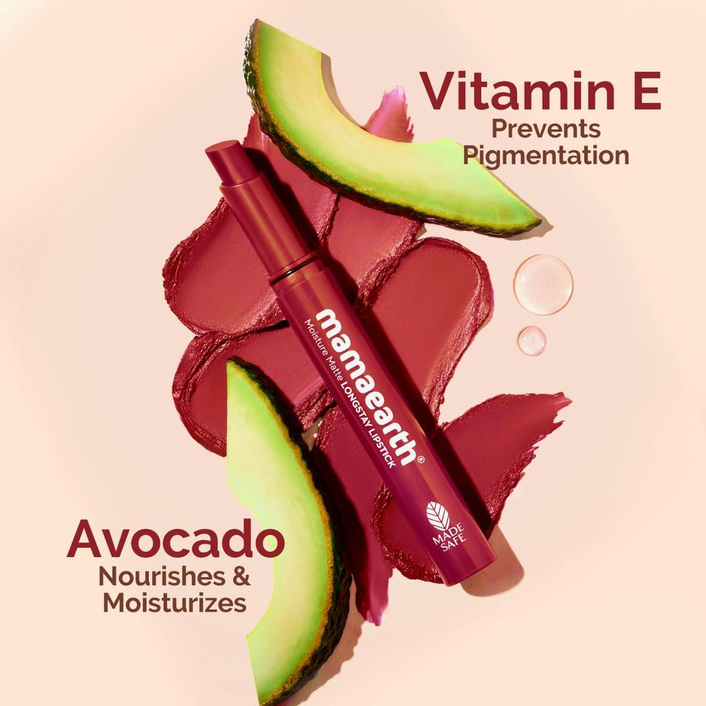 Mamaearth Moisture Matte Longstay Lipstick Avocado Oil Vitamin E 12H Stay Cherry Punch Shade 11 2 G Lip Color Makeup