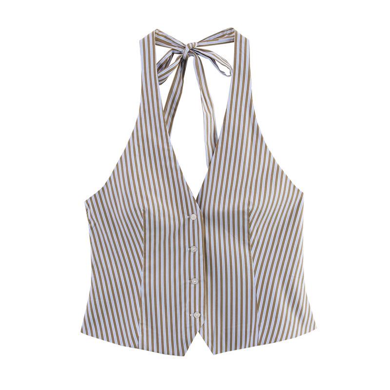 2025 Summer European & American Style Women s Striped Halter Neck Top & Pants Fashion Set XS
