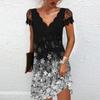 Frauen Drucken V-ausschnitt Spitze Nähte Kurzen ärmeln Kleid Sexy Mode Sommer Plus Größe Casual Kleid
