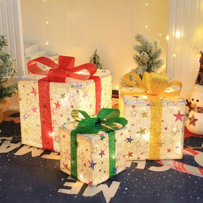 3 Pcs/Set Christmas Lighted Gift Boxes LED Light Up Stackable Nesting Box with Bow for Christmas Indoor Outdoor Home Yard Lawn Decor
