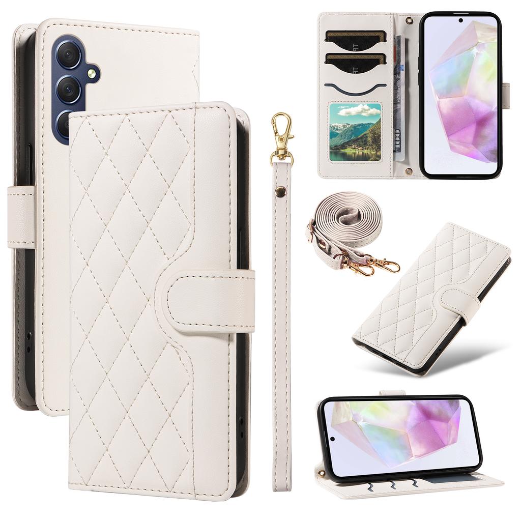 For Samsung Galaxy A35 5G Case Wallet Rhombus Leather Phone Cover with Shoulder Strap,Wrist Strap