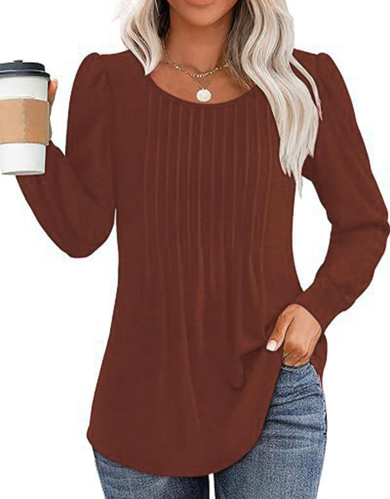 Women Long Sleeve Ribbed Knit Top Crew Neck Puff Shoulder Casual Loose Fall Blouse Shirt