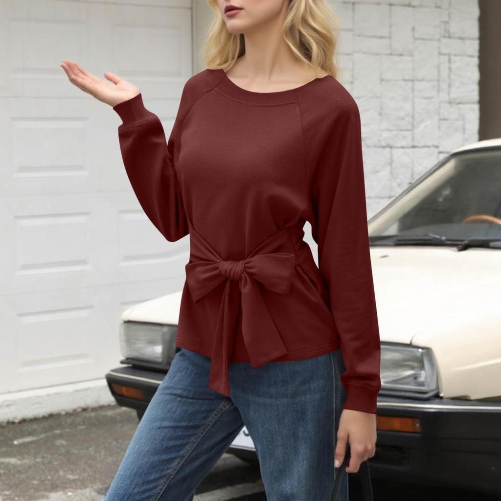 Women's Casual Fashion Strappy Belly-covering Slimming Round Neck Pullover Long-sleeved Top