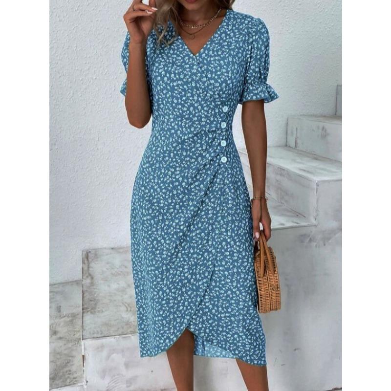 TIFICY Damenmode Sommer Frühling Blumenmuster Druck Kurzarm V-Ausschnitt Hohe Taille Freizeitkleider