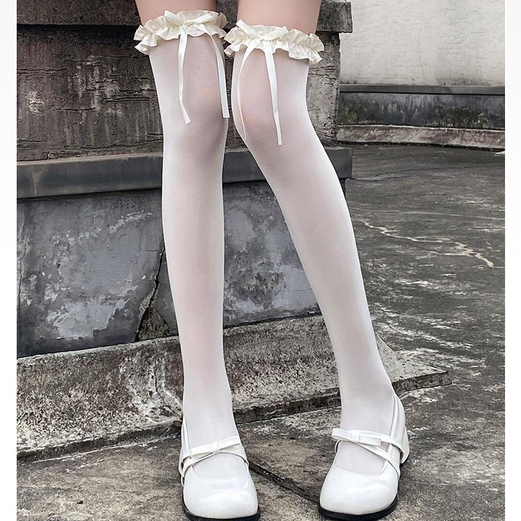 White Bow Lace-Trim Lolita Thigh-High Stockings - Spring/Summer
