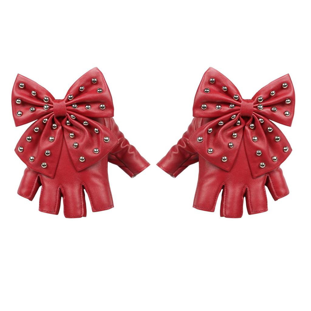PU Leather Fingerless Gloves Big Bowknot Dance Gloves for Cosplay Costume