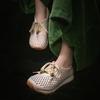 Johnature Genuine Leather Hollow-out Breathable Casual Shoes Lightweight Versatile Lace Up Women's Flat Shoes