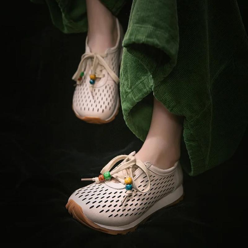 Johnature Genuine Leather Hollow-out Breathable Casual Shoes Lightweight Versatile Lace Up Women's Flat Shoes