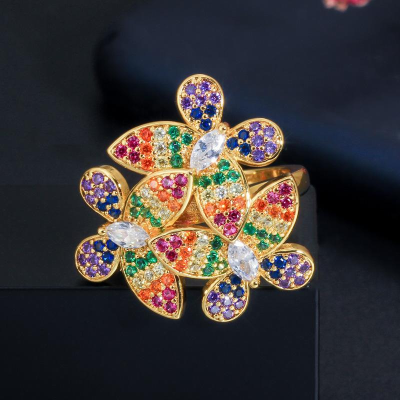 J0112 Popular Women'S Ring Elegant Temperament 3A Color Zircon Flower Ring Adjustable