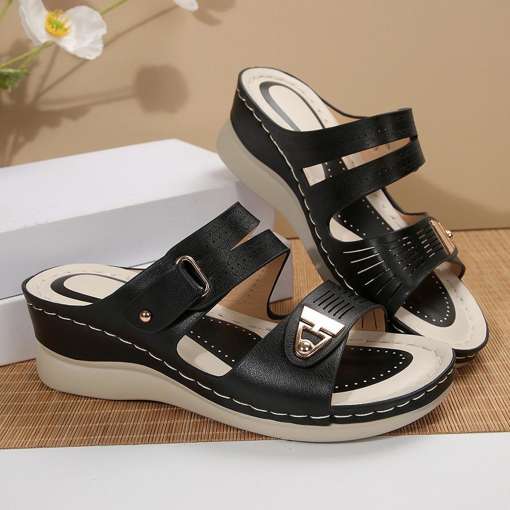 2025 summer foreign trade new women's wedge heel platform slippers large size fish mouth one word wedge heel beach shoes women