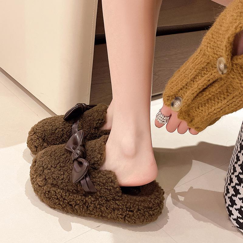 

Корейская версия сумка с толстой подошвой бант пушистые тапочки женская верхняя одежда 2025 новый осень и зима бархатные теплые хлопковые тапочки 40 хаки