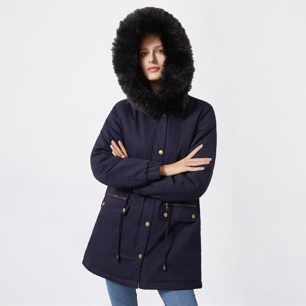 Women's Fleece-Lined Hooded Parka with Fur Collar - Warm Loose-Fit Cotton Jacket, European Size (2021 Autumn/Winter Collection)