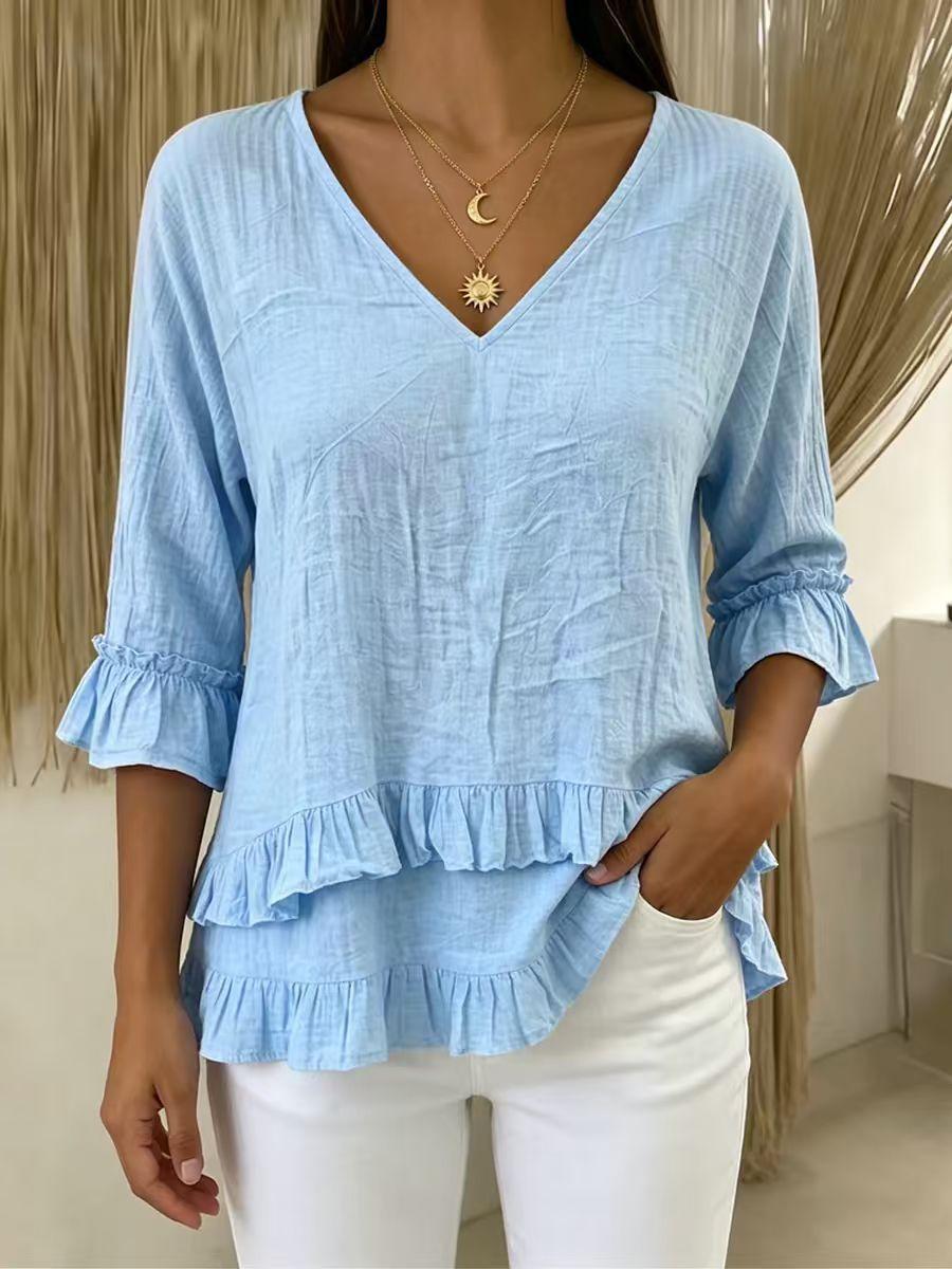 Women V Neck Ruffle Sleeve Blouse Casual Loose Fit Flowy Top S небесно-голубой