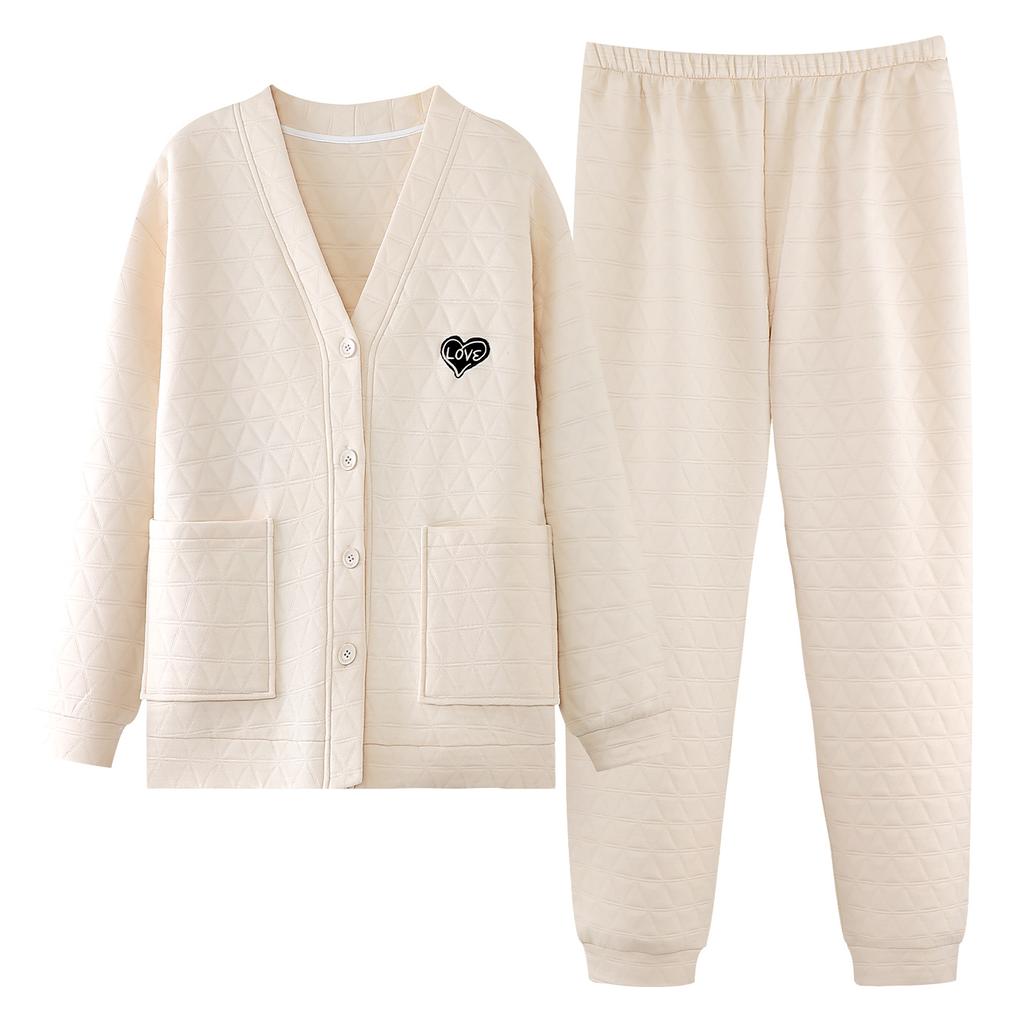 Pajamas Ladies Autumn And Winter Pure Cotton Thickened Warm Long Sleeve Air Cotton Interlayer Wear Loungewear Set