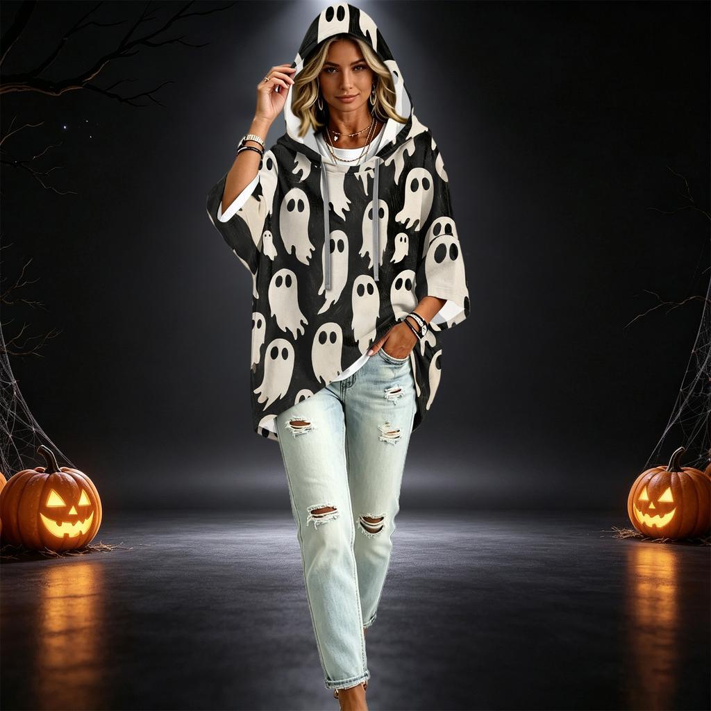 Women's Fashionable Three-Quarter-Sleeve Halloween-Printed Hooded Pullover