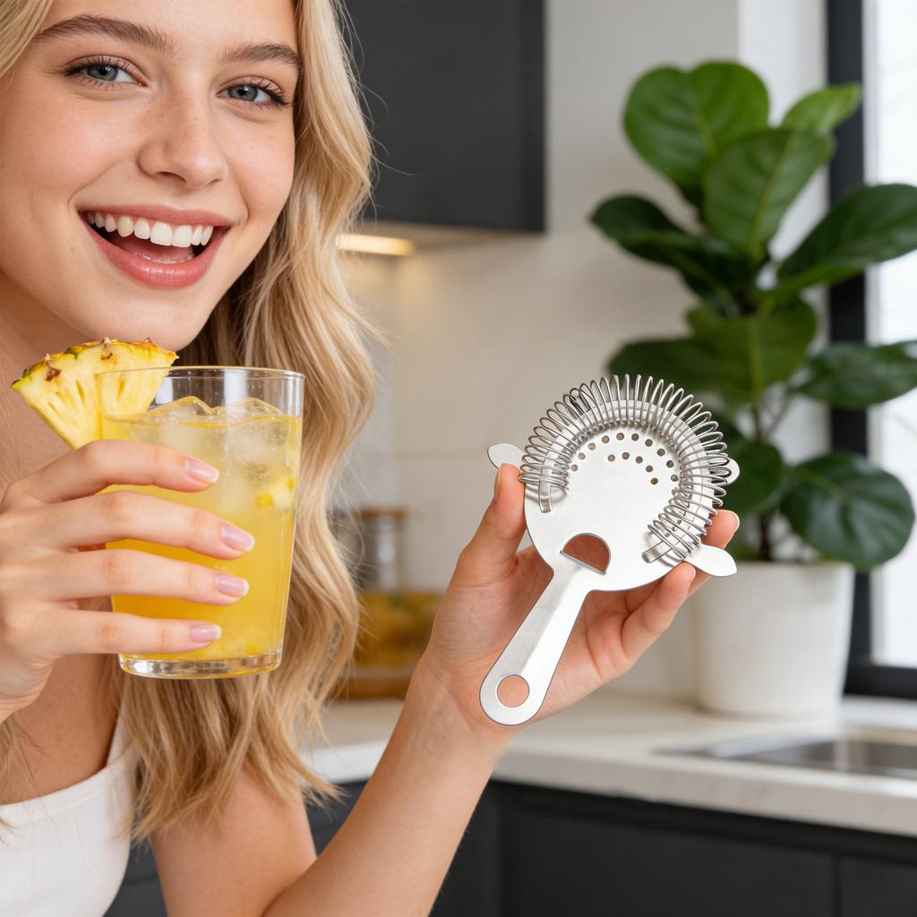 Cocktail-Sieb aus Edelstahl. Federfilter-Design für effiziente Filterung von Eis und Verunreinigungen. Kompatibel mit verschiedenen Cocktailgläsern und