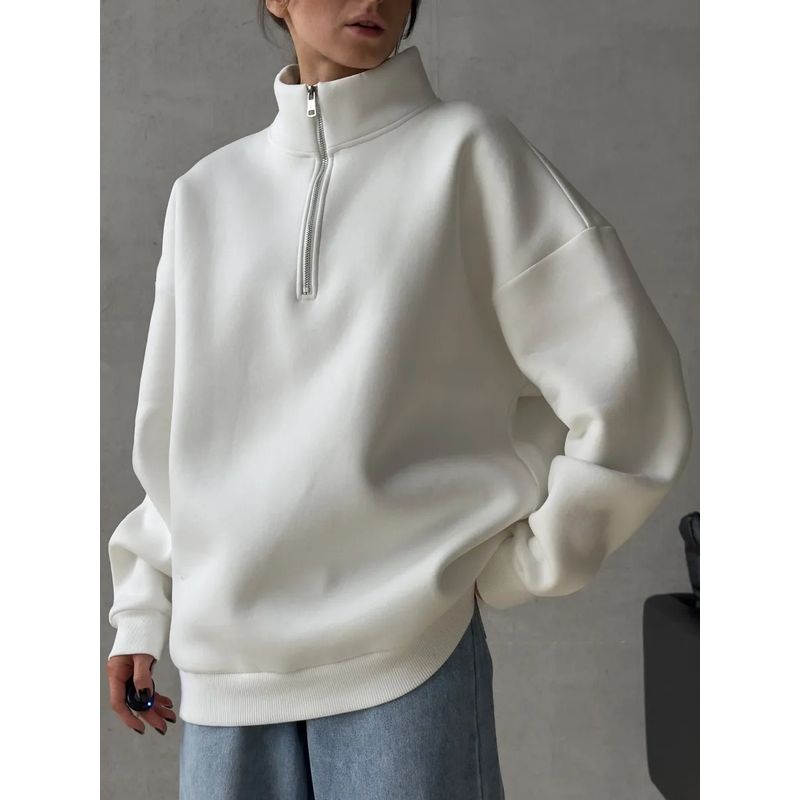 Western Style Fashion Casual Loose Stand Collar Half Zipper Pullover Hoodie Solid Loose Top Half Zip Top