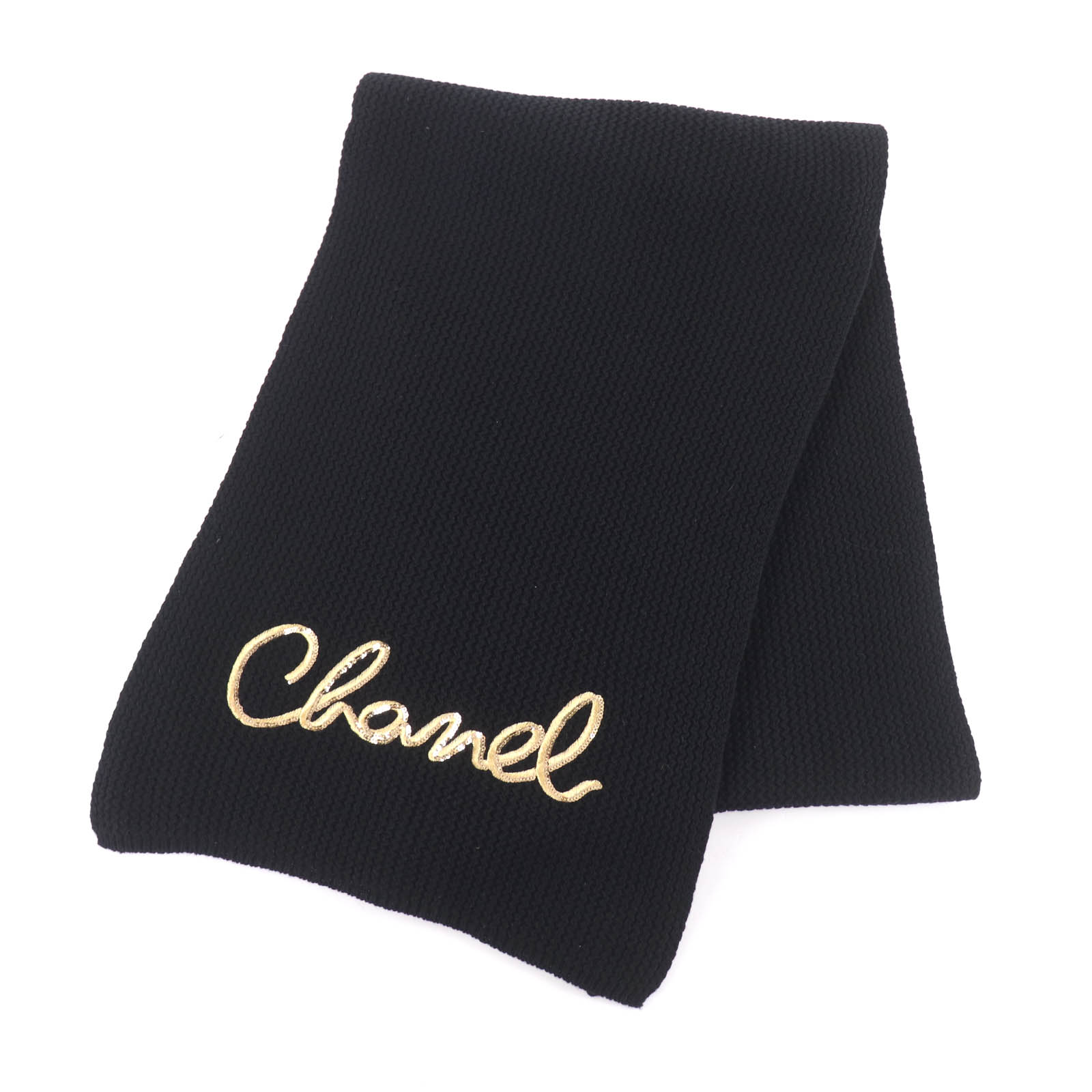 

Great CHANEL Scarf Embroidered handwritten logo sequin knit black cashmere 22A Used