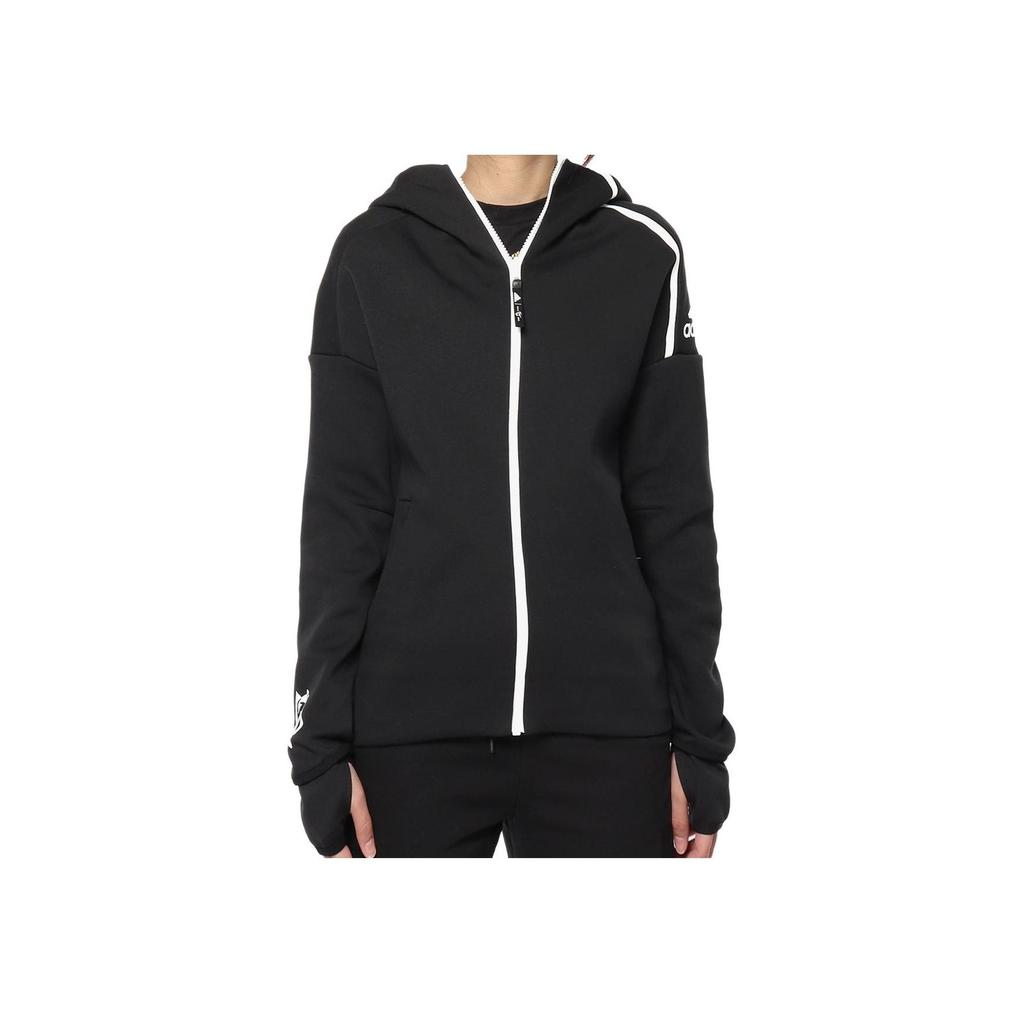 adidas Women's Black Logo Print Long Sleeve Zip Hooded Jacket EA2103