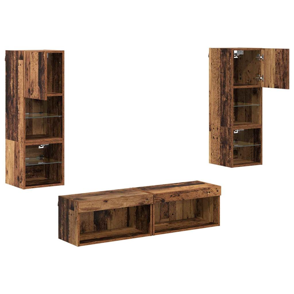 TV Wall Unit with LED Light Strips 6 pcs Reclaimed Wood Effect Particleboard