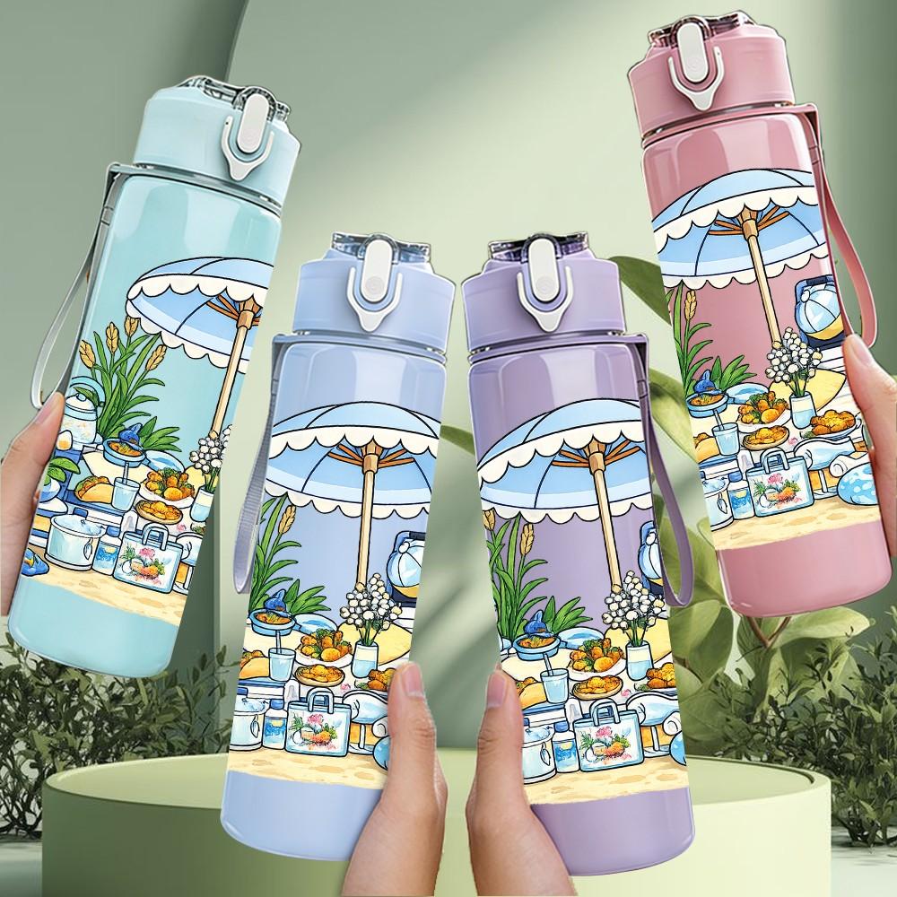 1PC Beach Parasol Girl Vacation 750ml Color Plastic Sports Water Bottle Leakproof Flip Straw Lid Suitable for Sports Office Home Use