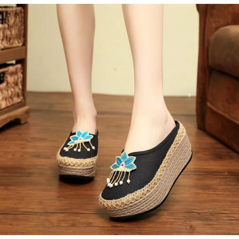 Fashion 2025 New Retro Handmade Women Canvas 5cm Platform Mules Slippers Butterfly Black Beige Leopard Comfortable Casual Slip On Shoes