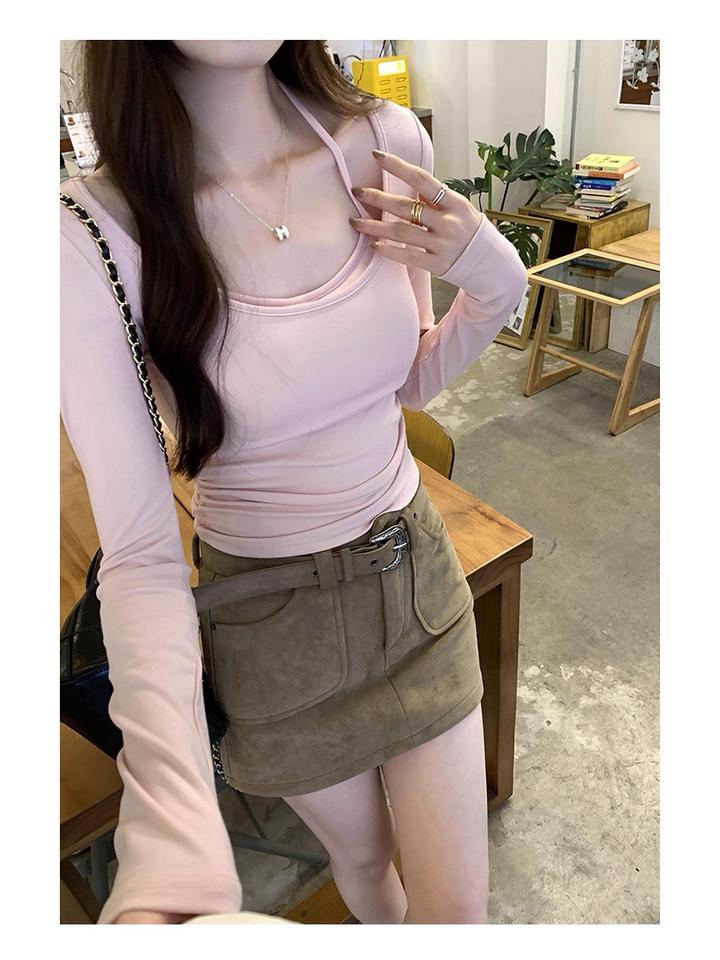 Damski 2025 Jesień/Zima Szczotkowany Slim Fit Długi Rękaw Warstwowy T-shirt z Wkładką na Biust.