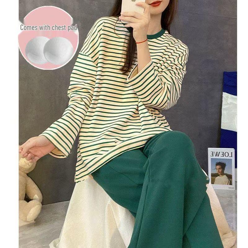 Dames Zomer 2025 Gestreept Pyjamaset met Borstkussentjes - Korte Mouw, Casual, Lichtgewicht