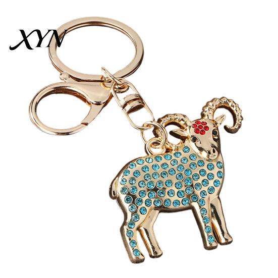 Rhinestone Goat Charm Golden Plated Keychain, Animal Shaped Zodiac Key Ring Metal Keyring Pendant, Handbags Backpack Decorative Accessories Pendant