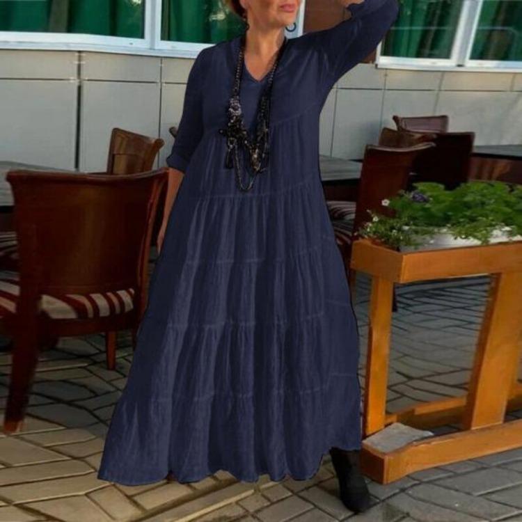 Summer Vacation Maxi Dress for Women V Neck Long Sleeve Solid Color with Ruffle Stitching and Pleated Hem