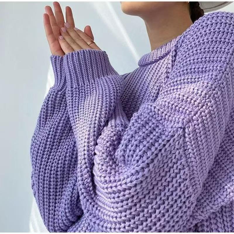 European and American sweaters women's autumn and winter new products loose round neck solid color long sleeve lazy wind knitted jacket