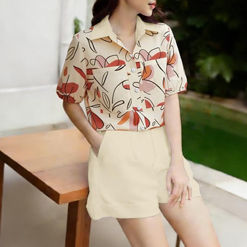 ZANZEA Women Short Sleeve Floral Blouse and Shorts Summer Two Piece Suit Sets