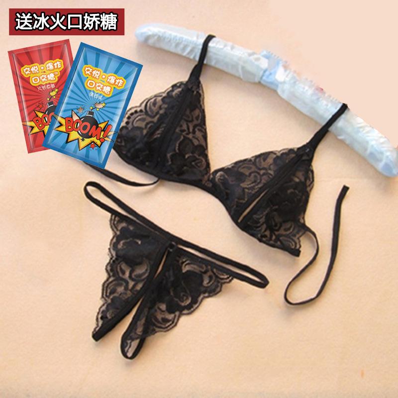 Open crotch free three-point two-piece set erotic lace underwear panties female sexy passion thong
