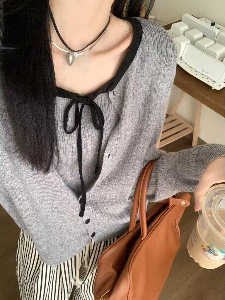 Korean Style Autumn Two-Piece Set: Color Block Cardigan & Tie-Up Camisole Vest