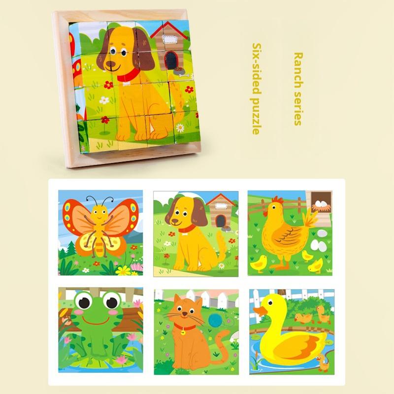 Šest stran malované dřevěné puzzle Trojrozměrné puzzle s dopravními zvířaty Stavební bloky Vzdělávací hračka pro rané vzdělávání