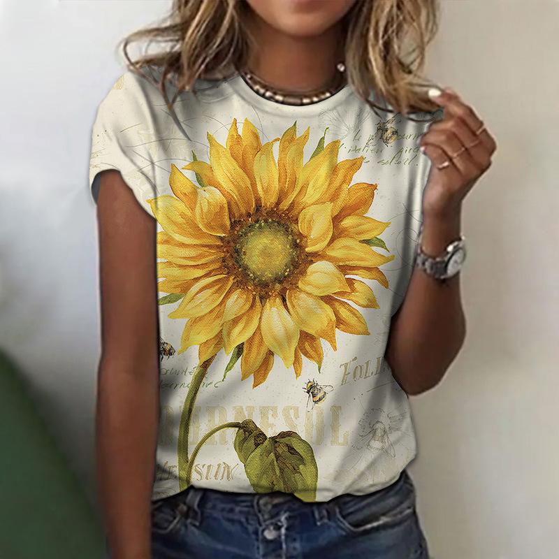 Vară Seria Floarea-soarelui Imprimată Digital 3D Pulover cu Gât Rotund pentru Femei Tricouri Casual Largi pentru Femei