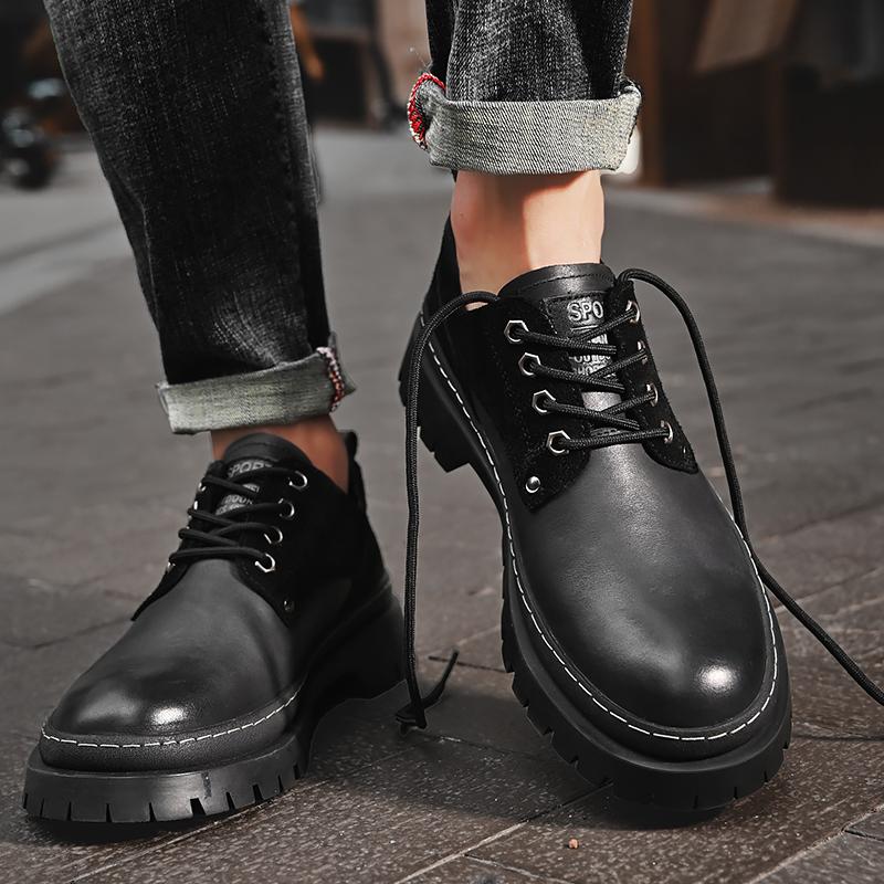 Fashion Derby men's thick soled shoes Fashionable gentleman Daily leisure business party Office wedding genuine leather Black shoes