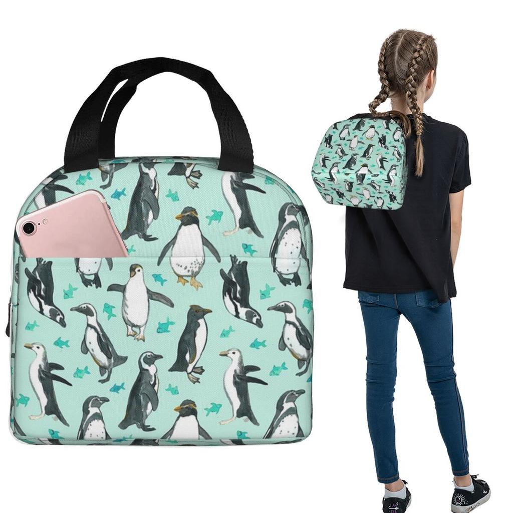 Viele kleine Pinguine auf Minzfarbener isolierter Lunchtasche für Damen Kinder Tragbare Lebensmittelboxen Thermische Lunchbox Tragetasche